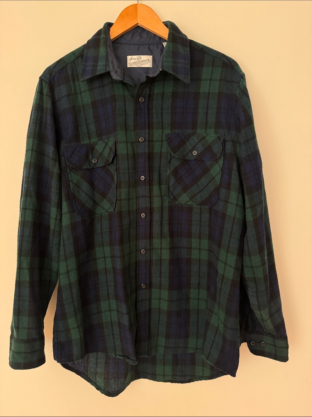 ✅ SEARS ROEBUCK & CO Vintage Long Sleeve Blackwatch Plaid Flannel Shirt Sz XLT